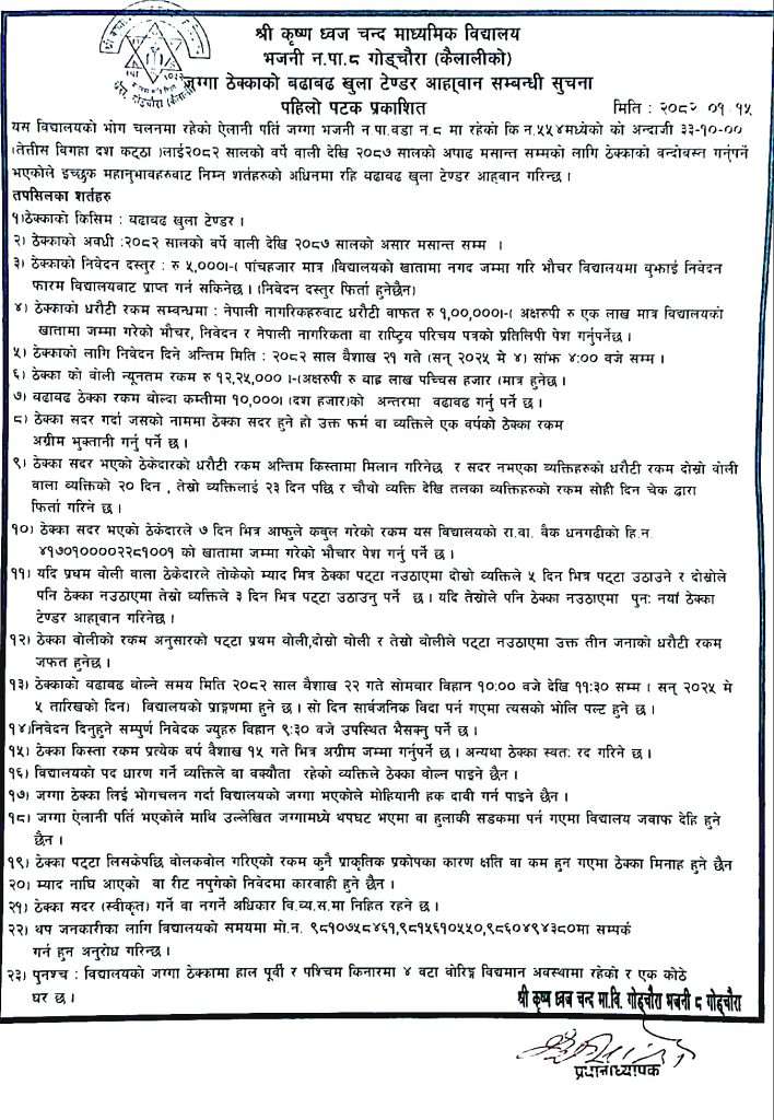 जग्गा ठेक्काको खुल्ला टेण्डर आहृवान सम्बन्धी सूचना